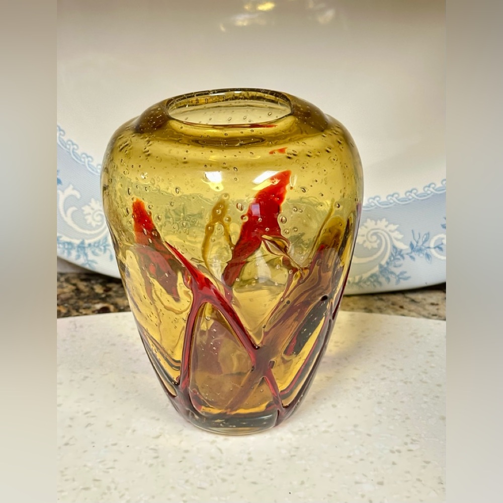 Murano Style blown Glass Amber and Red Bubble Vase